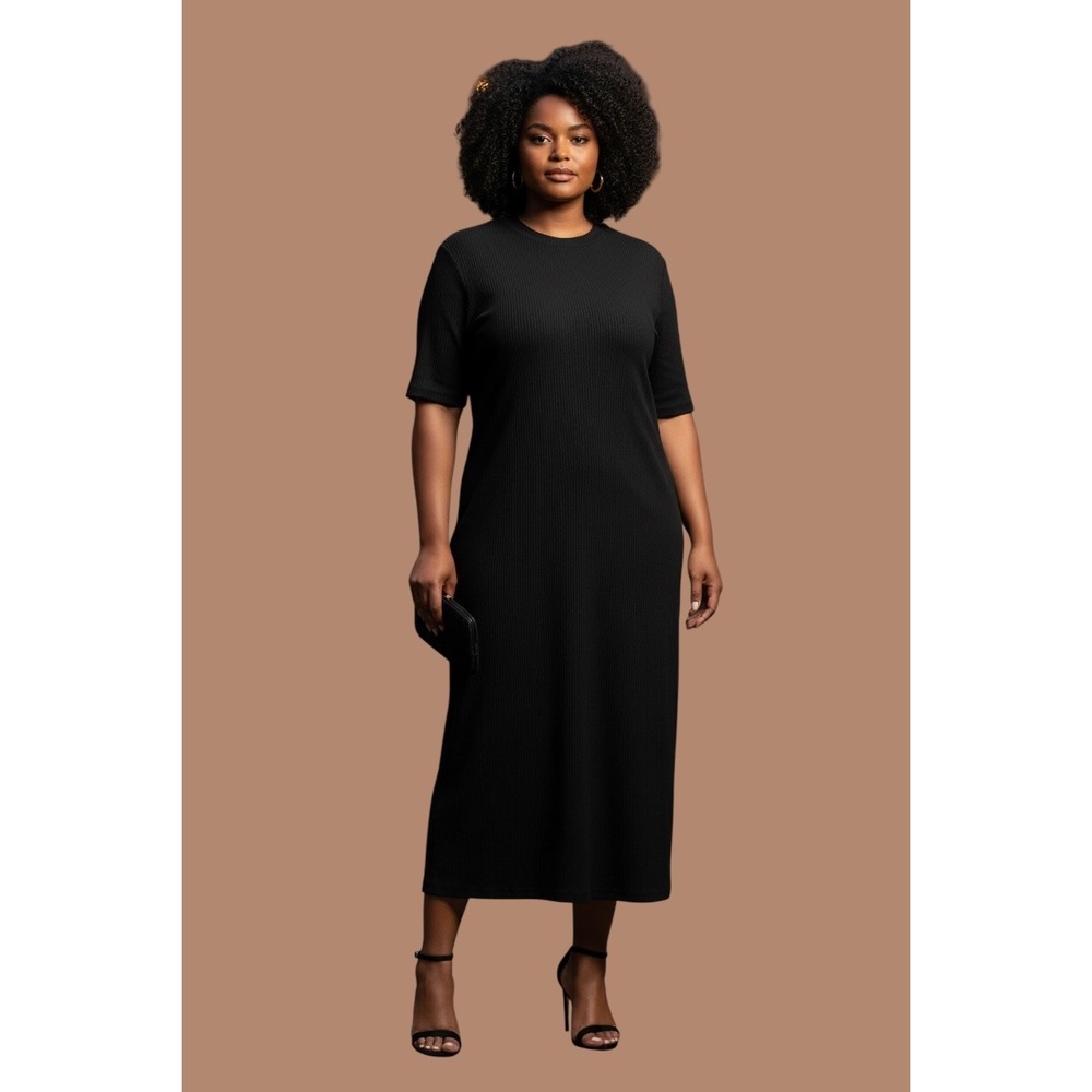 Old Navy Womens XXL Black Ribbed Short Sleeve‎ Crew Neck Midi T-Shirt Dress
